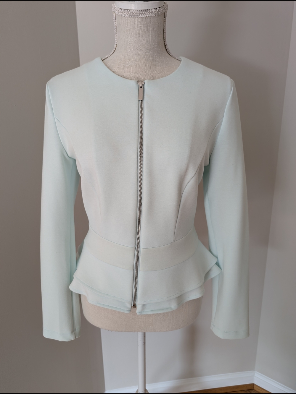 Women's Pale Mint Peplum Zip Blazer